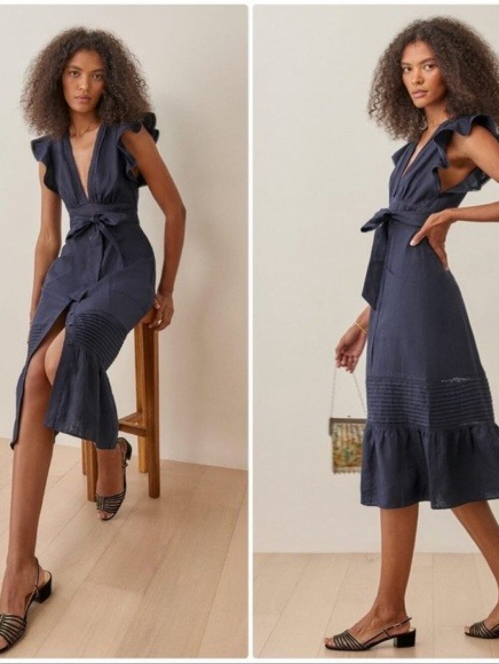 Reformation Navy Ruffle-Sleeve Tie-Waist Midi Dress SZ 2 Excellent Condition